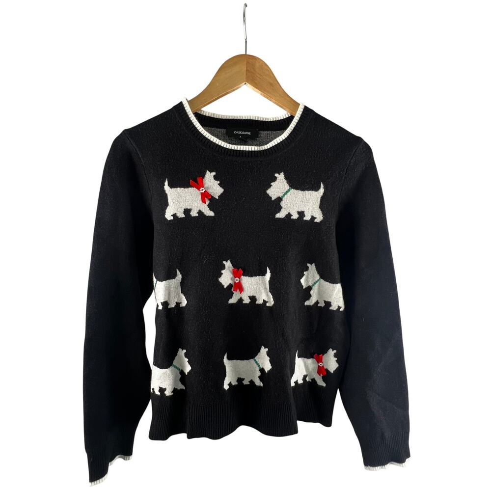 Anthropologie Calligraphie Scottie Dog Knit Long Sleeve Sweater Size PL